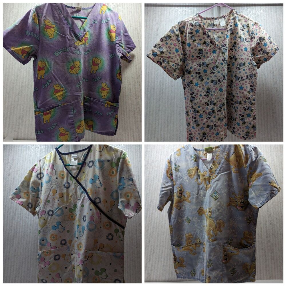 Scrubs Lot Of Four Scooby-Doo Winnie The Pooh Mickey Mouse Minnie Size Small